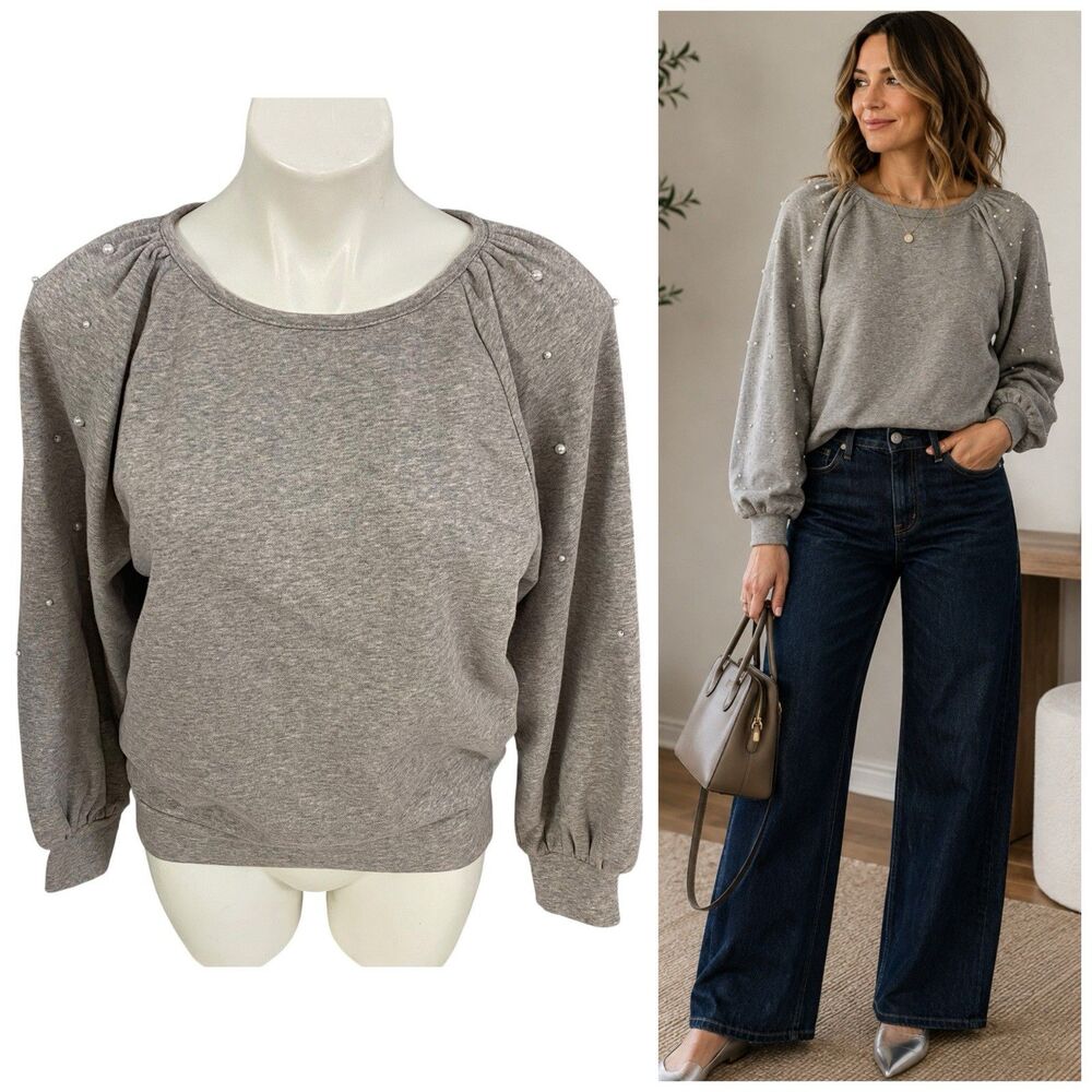 LOFT Sweatshirt Womens Medium Gray Pearl Embellished Balloon Sleeve Coquette